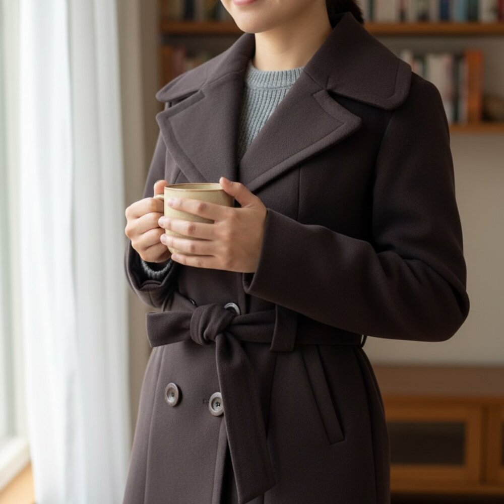 Brown Double-Breasted Belted Coat | Size 38 (Medium)